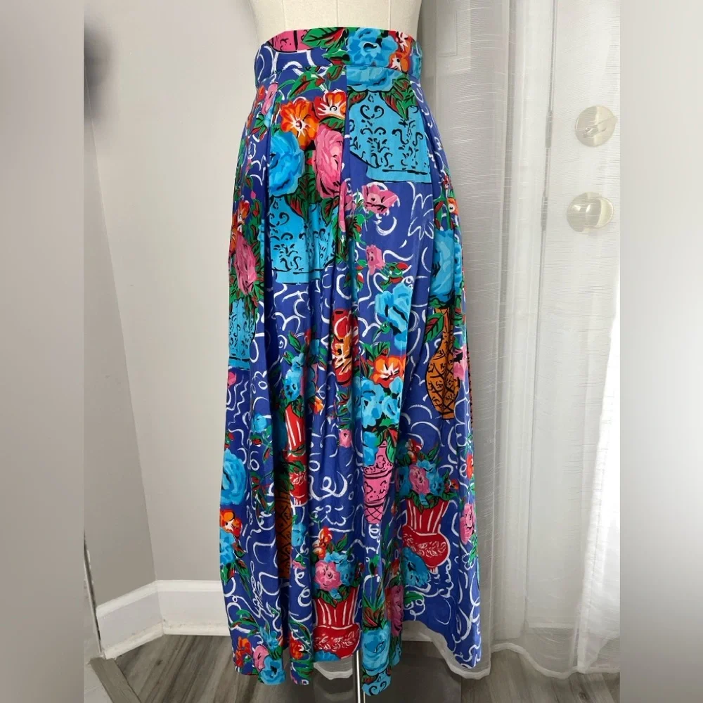 Vintage KENZO Paris High Waisted Cotton Midi Skirt Multi Color Printed Sz 38 XS